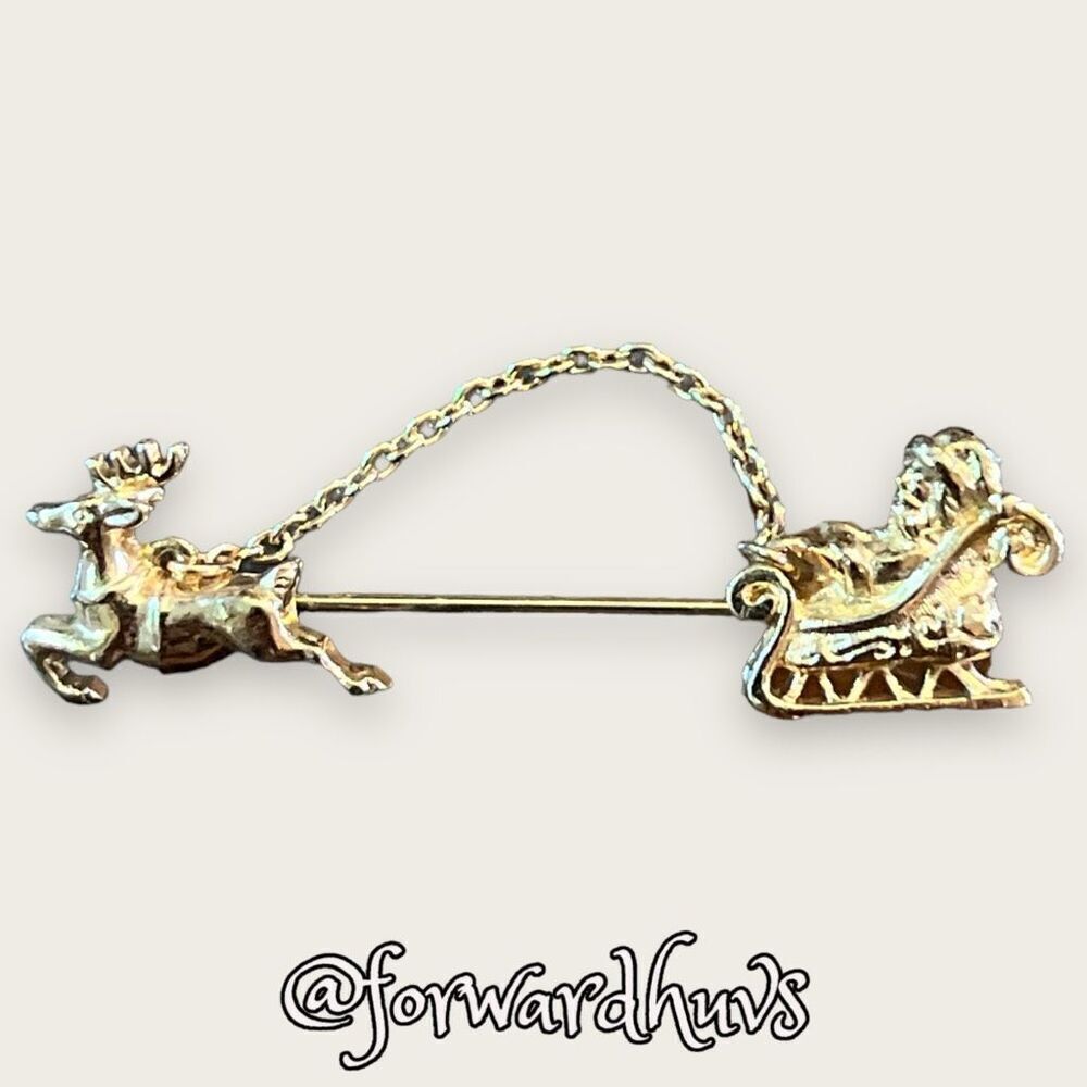 Vintage 1983 Avon Gold Tone Santa Sleigh and Reindeer Stick Pin